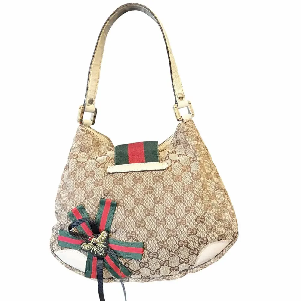 Gucci New Britt GG Canvas Web Stripe Hobo Shoulder Bag Beige Gold Hardware